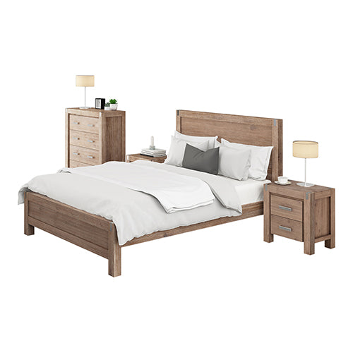 4 Pieces Bedroom Suite in Solid Wood Veneered Acacia Construction Timber Slat Queen Size Oak Colour Bed, Bedside Table & Tallboy