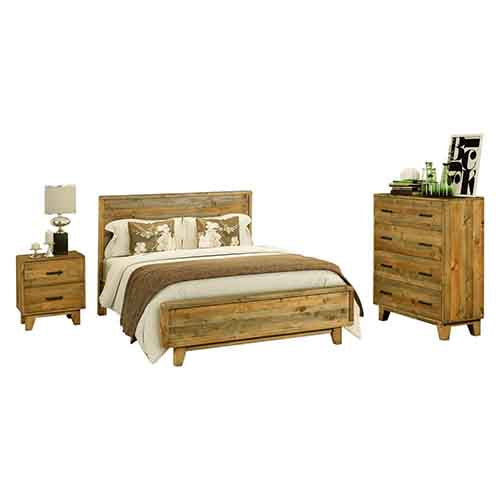 4 Pieces Bedroom Suite Queen Size in Solid Wood Antique Design Light Brown Bed, Bedside Table & Tallboy