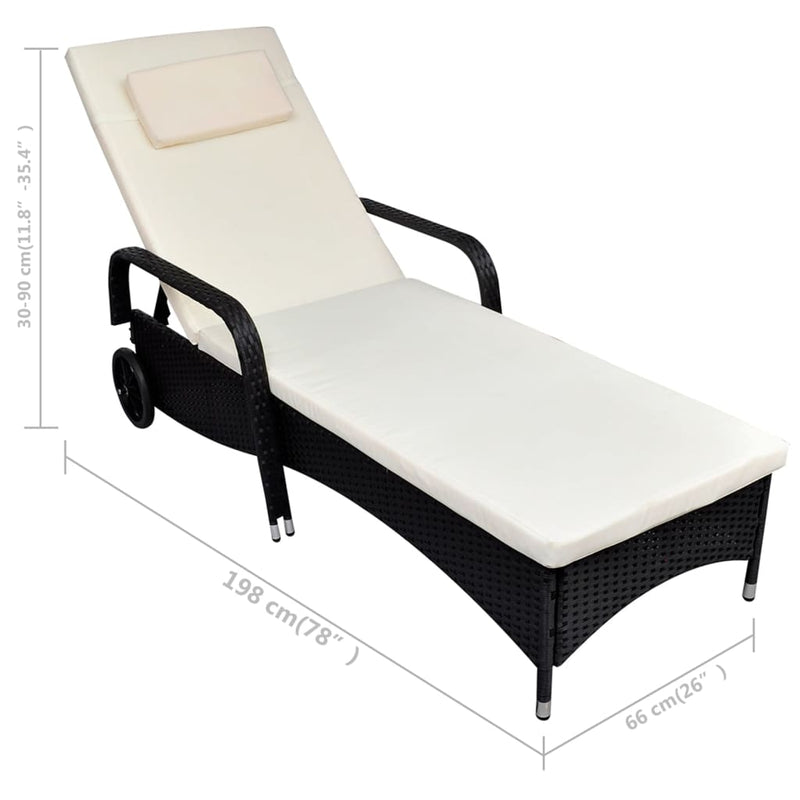 vidaXL Sun Lounger with Cushion & Wheels Poly Rattan Black