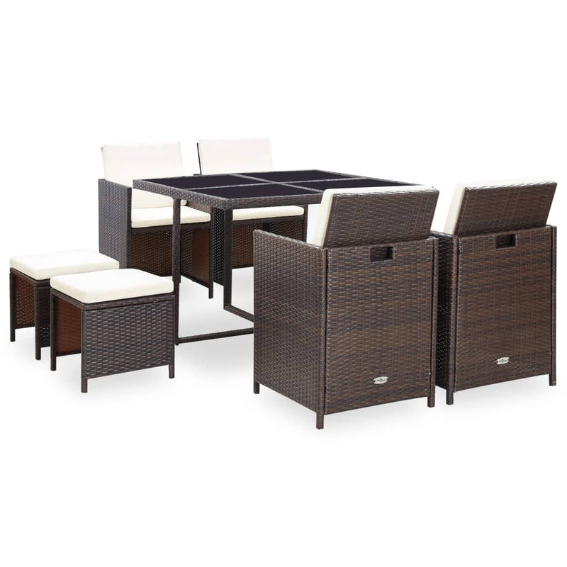 vidaXL 9 Piece Outdoor Dining Set with Cushions Poly Rattan Brown