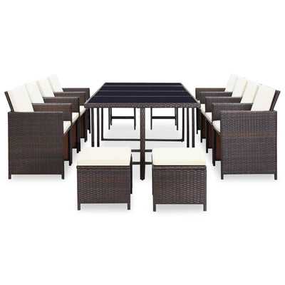 vidaXL 13 Piece Outdoor Dining Set with Cushions Poly Rattan Brown
