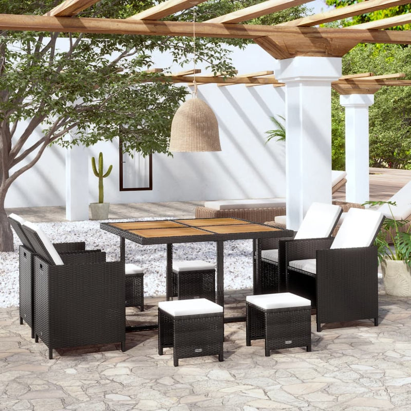 vidaXL 9 Piece Outdoor Dining Set Poly Rattan and Acacia Wood Black