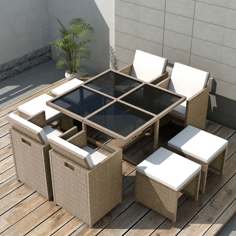 vidaXL 9 Piece Outdoor Dining Set with Cushions Poly Rattan Beige