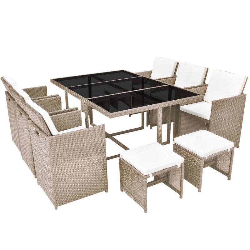 vidaXL 11 Piece Outdoor Dining Set with Cushions Poly Rattan Beige