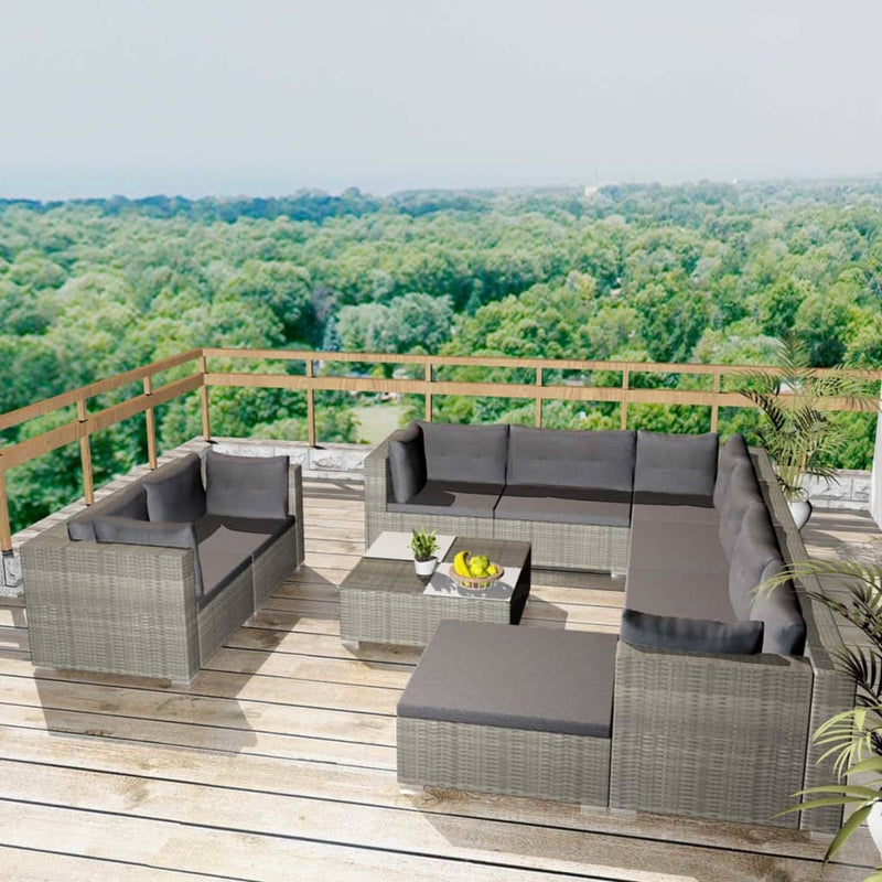 vidaXL 10 Piece Garden Lounge Set with Cushions Poly Rattan Grey