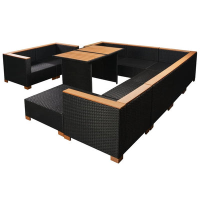 vidaXL 10 Piece Garden Lounge Set with Cushions Poly Rattan Black