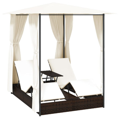 vidaXL Double Sun Lounger with Curtains Poly Rattan Black