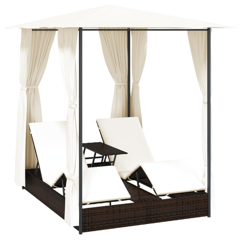 vidaXL Double Sun Lounger with Curtains Poly Rattan Black