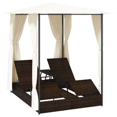 vidaXL Double Sun Lounger with Curtains Poly Rattan Black