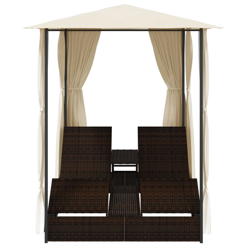 vidaXL Double Sun Lounger with Curtains Poly Rattan Black