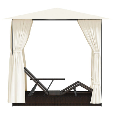 vidaXL Double Sun Lounger with Curtains Poly Rattan Black