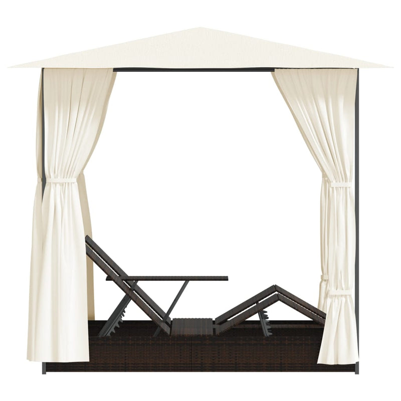 vidaXL Double Sun Lounger with Curtains Poly Rattan Black