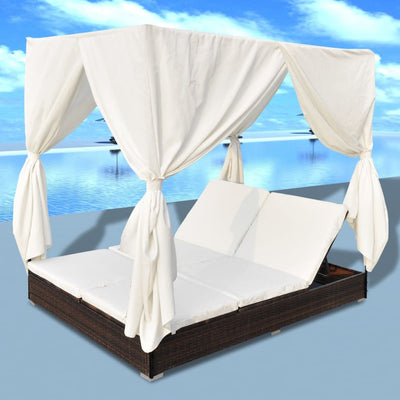 vidaXL Outdoor Lounge Bed with Curtains Poly Rattan Black