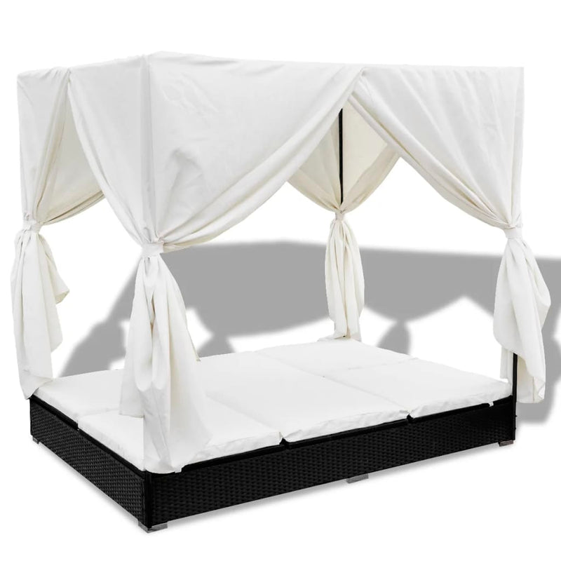 vidaXL Outdoor Lounge Bed with Curtains Poly Rattan Black
