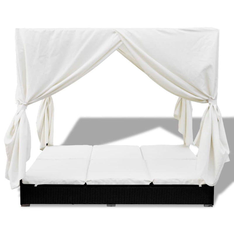 vidaXL Outdoor Lounge Bed with Curtains Poly Rattan Black