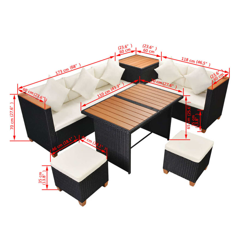 vidaXL 7 Piece Garden Lounge Set with Cushions Poly Rattan Black