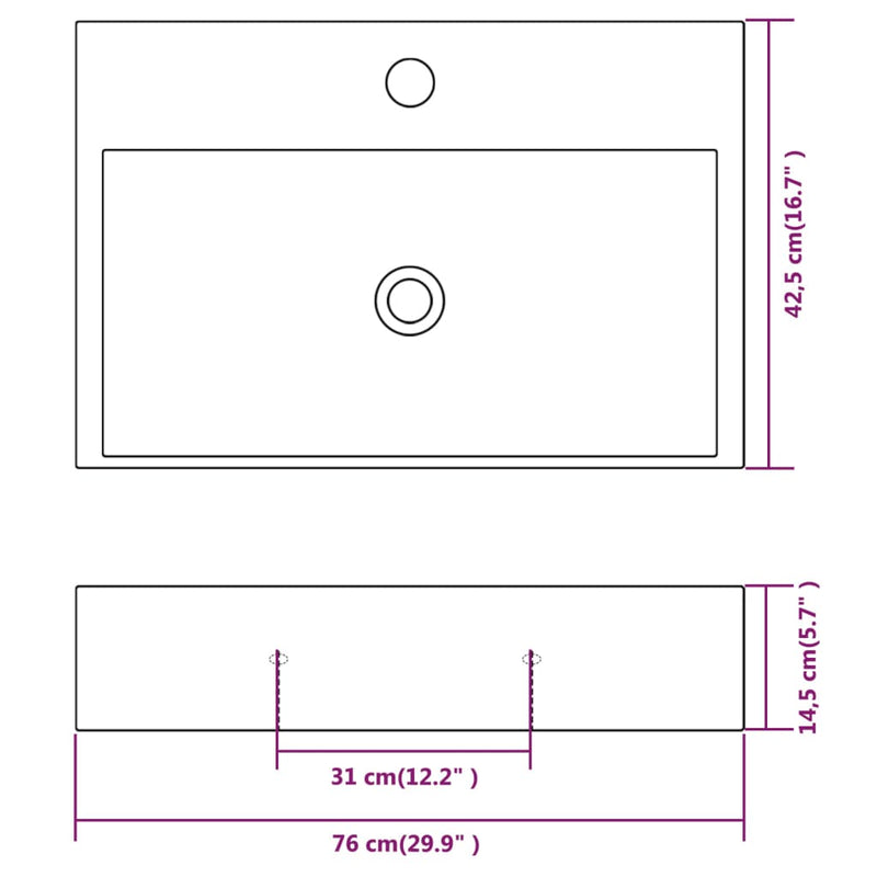 vidaXL Basin with Faucet Hole Ceramic White 76x42.5x14.5 cm