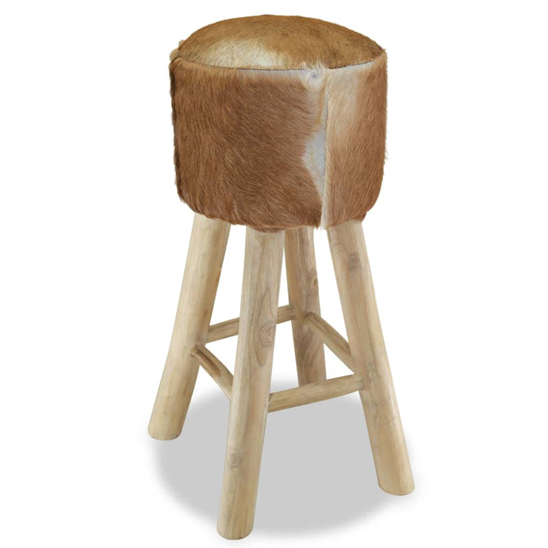 vidaXL Bar Stool Real Leather and Solid Teak Wood