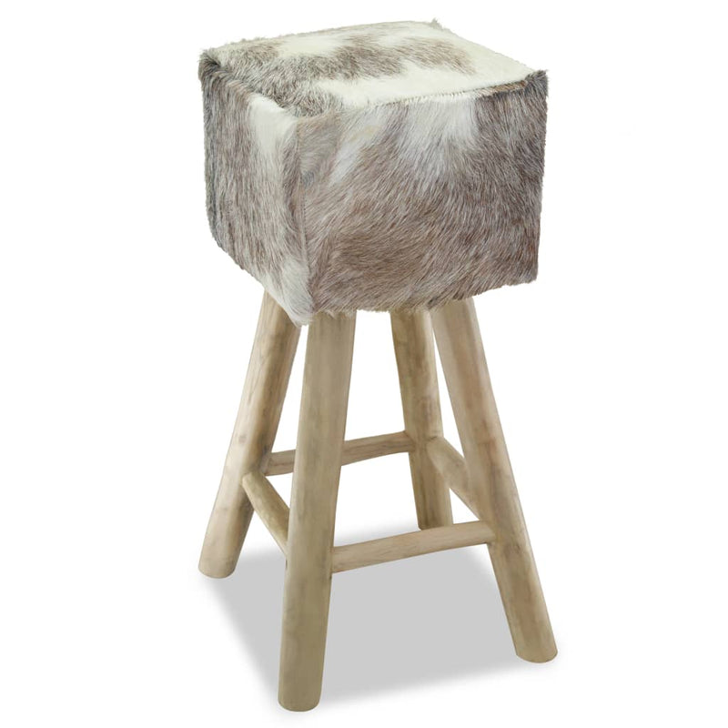 vidaXL Bar Stool Real Leather and Solid Teak Wood