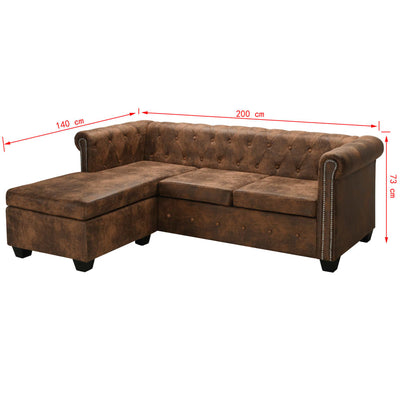vidaXL L-shaped Chesterfield Sofa Artificial Suede Leather Brown