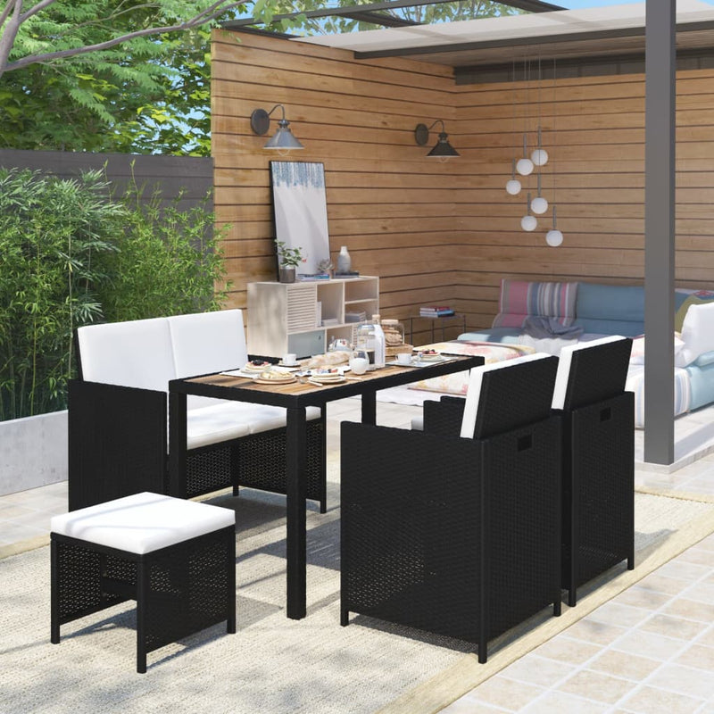 vidaXL 6 Piece Outdoor Dining Set Black Poly Rattan Acacia Wood