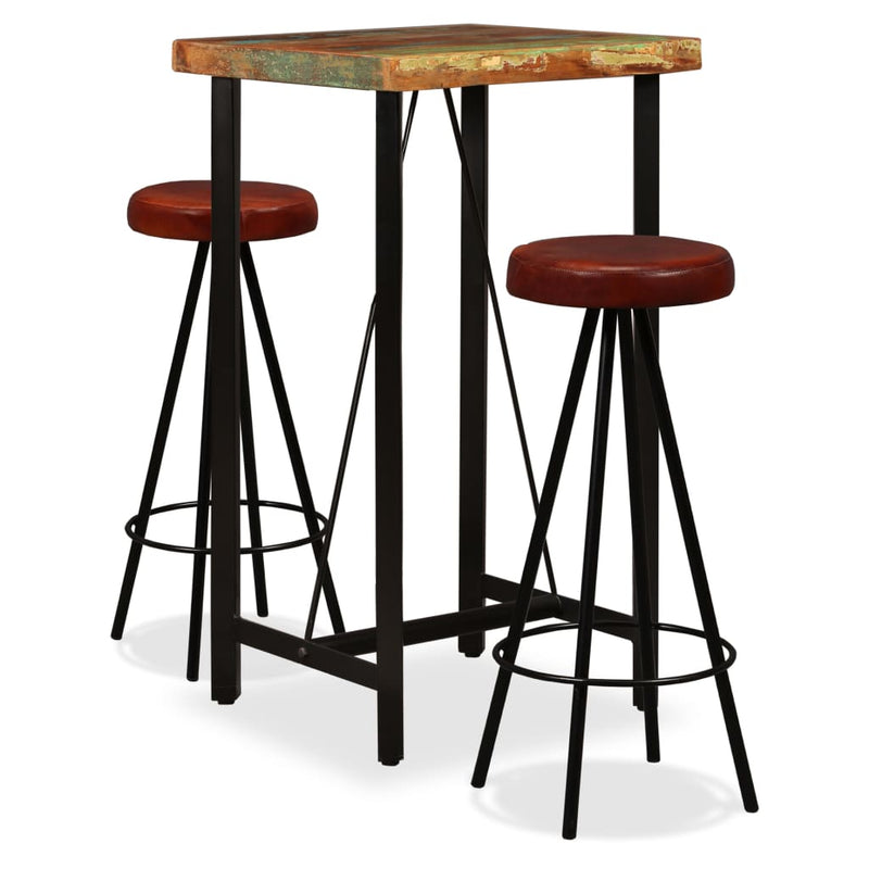 vidaXL Bar Set 3 Pieces Solid Wood Reclaimed and Genuine Leather