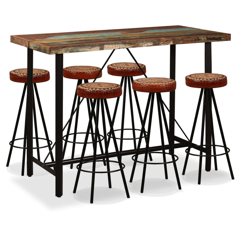 vidaXL Bar Set 7 Pieces Solid Wood Reclaimed. Genuine Leather & Canvas