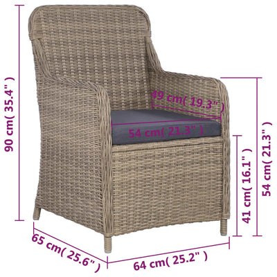 vidaXL 3 Piece Bistro Set with Cushions Poly Rattan Brown