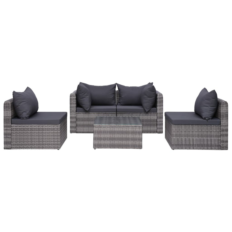 vidaXL 5 Piece Garden Sofa Set with Cushions & Pillows Poly Rattan Grey