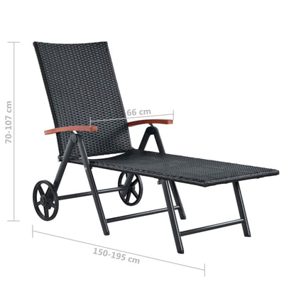 vidaXL Sun Lounger with Wheels Poly Rattan Black