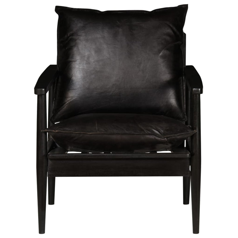 vidaXL Armchair Black Real Leather with Solid Wood Acacia