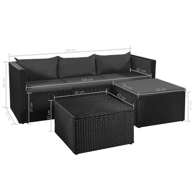 vidaXL 3 Piece Garden Lounge Set Poly Rattan Black and Grey
