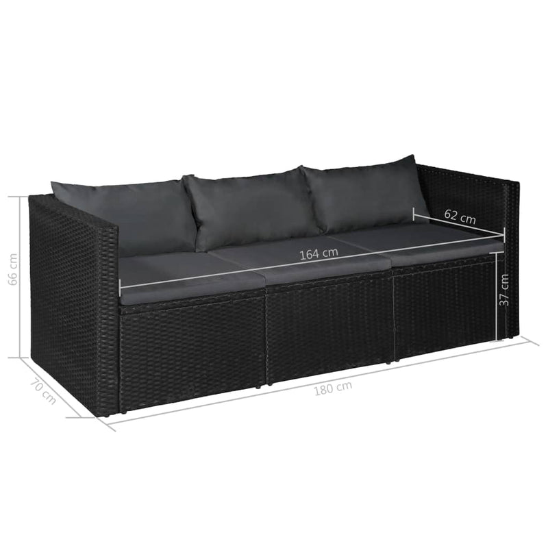 vidaXL 3 Seater Garden Sofa Black Poly Rattan with White Cushions