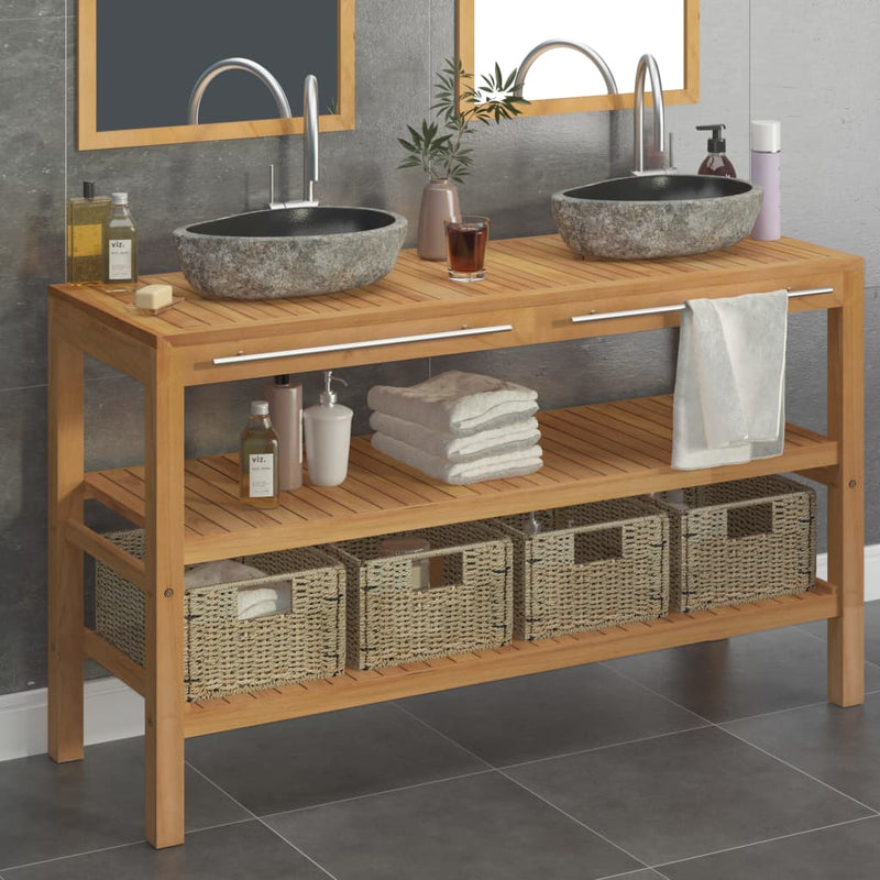 vidaXL Bathroom Vanity Cabinet Solid Teak with Riverstone Sinks