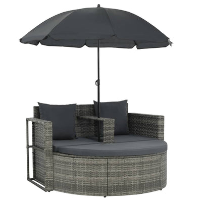vidaXL 2 Seater Garden Sofa with Cushions and Parasol Grey Poly Rattan