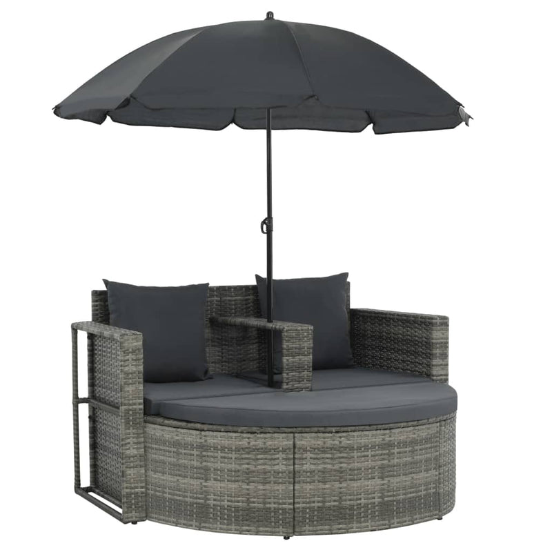 vidaXL 2 Seater Garden Sofa with Cushions and Parasol Grey Poly Rattan