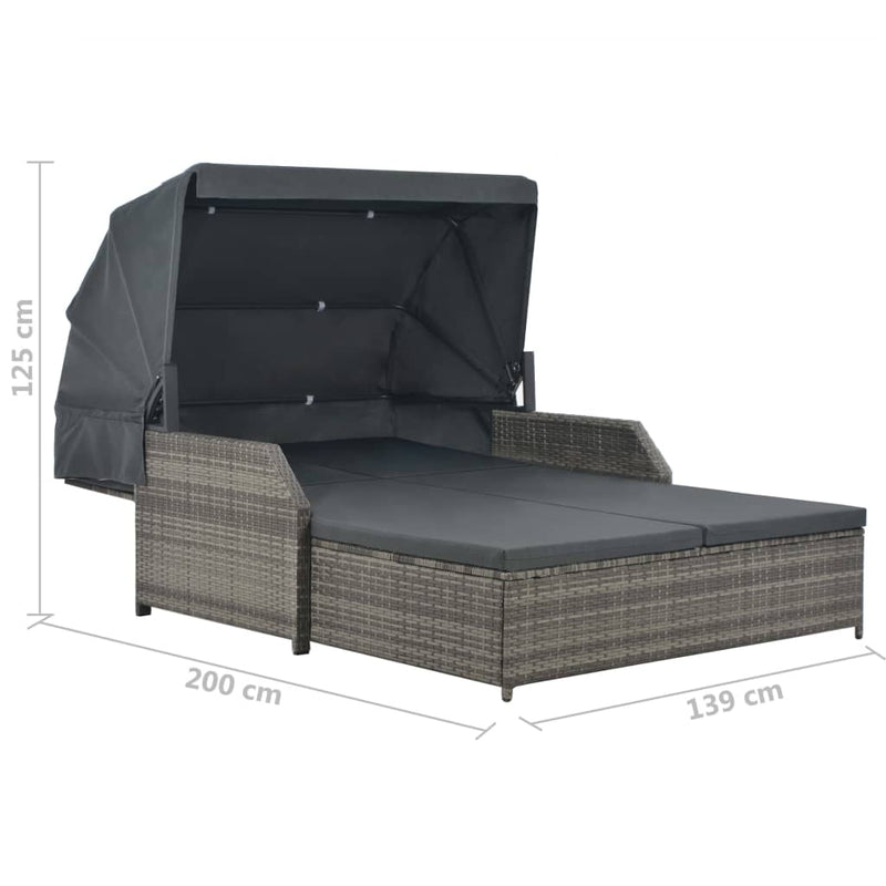 vidaXL 2-Person Sun Lounger with Canopy Poly Rattan Grey
