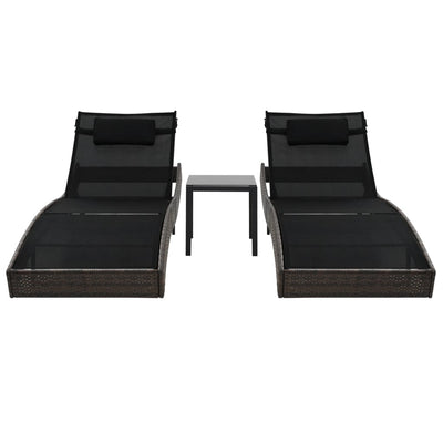 vidaXL Sun Loungers 2 pcs with Table Poly Rattan and Textilene Brown