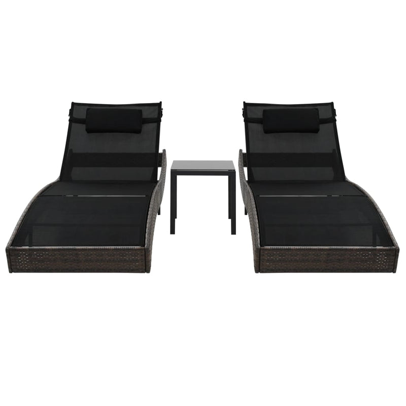 vidaXL Sun Loungers 2 pcs with Table Poly Rattan and Textilene Brown