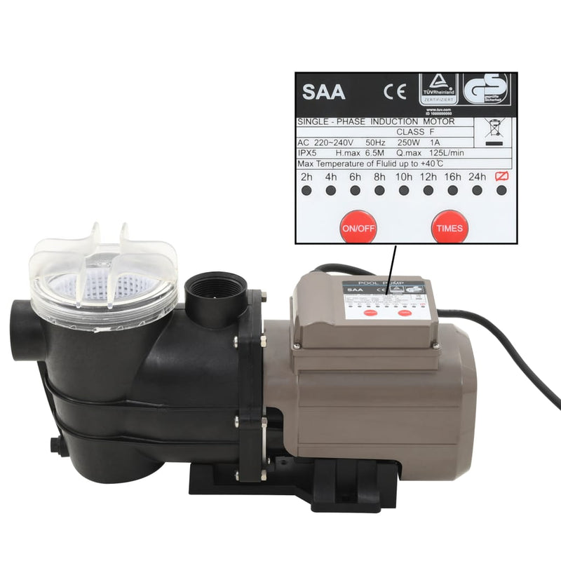 vidaXL Pool Pump with Timer Black 0.25 HP 8000 L/h