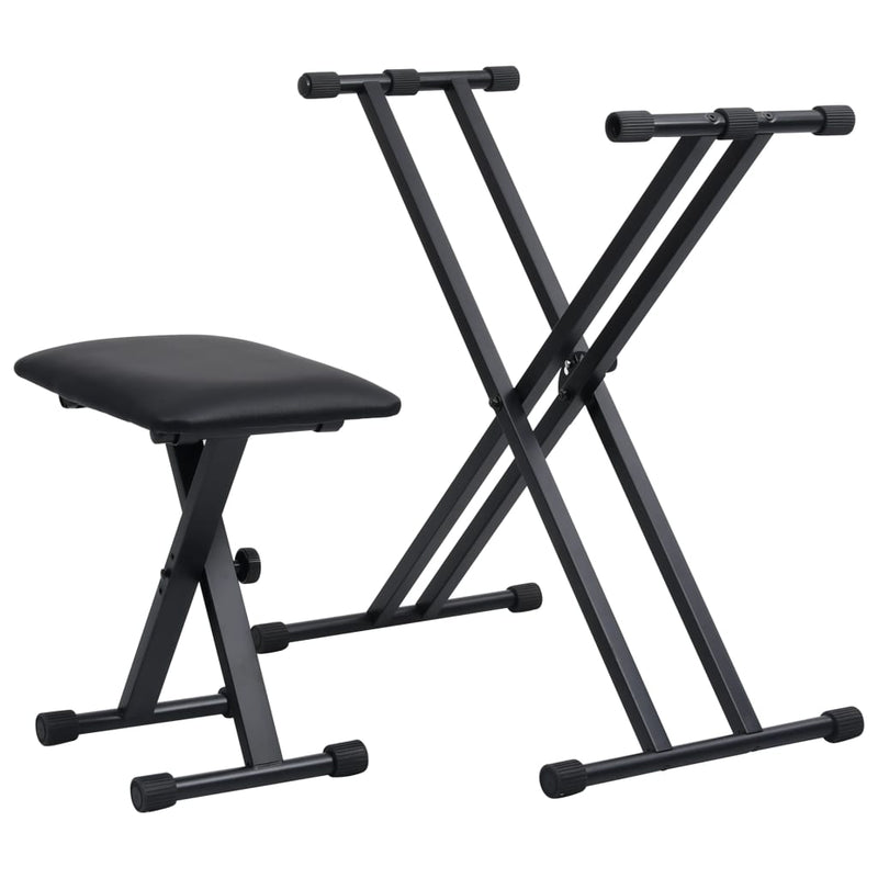vidaXL Double Braced Keyboard Stand and Stool Set Black