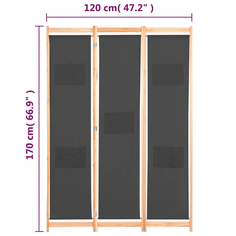 vidaXL 3-Panel Room Divider Black 120x170x4 cm Fabric