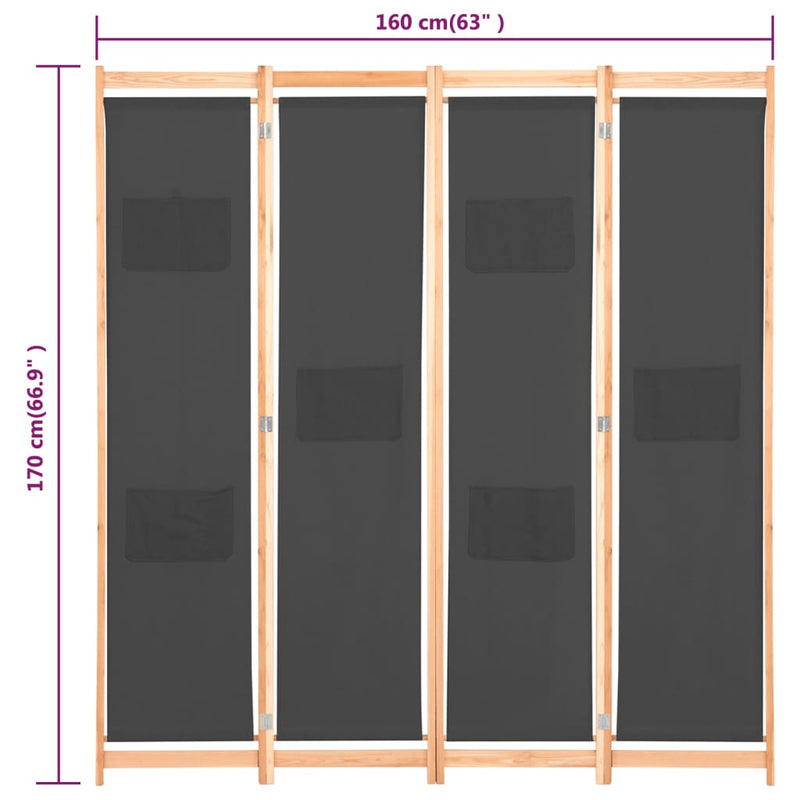 vidaXL 4-Panel Room Divider Black 160x170x4 cm Fabric