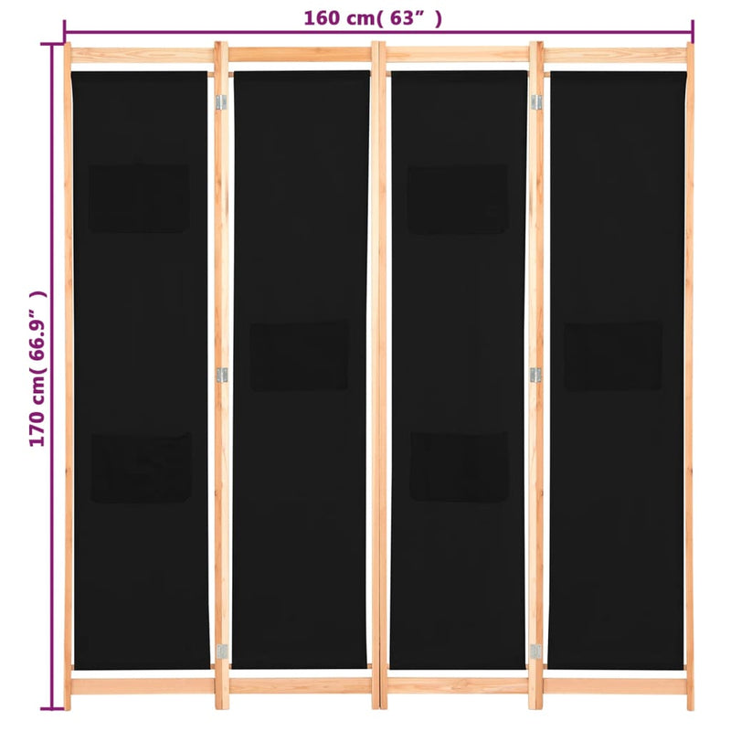 vidaXL 4-Panel Room Divider Black 160x170x4 cm Fabric