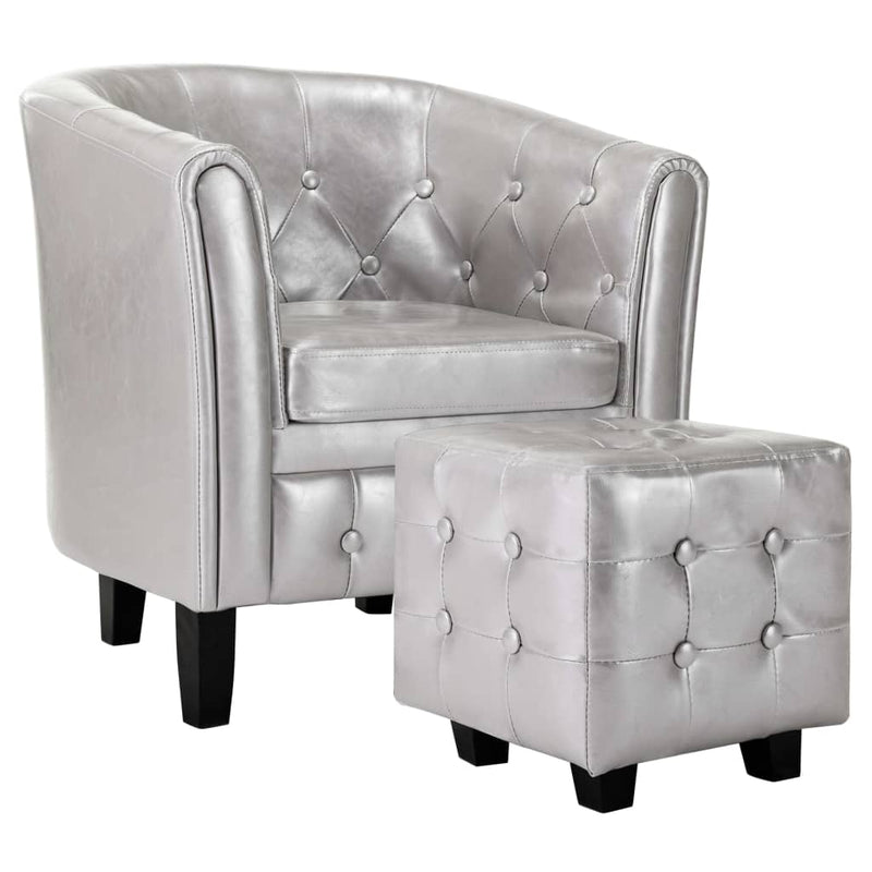 vidaXL Tub Chair with Footstool Silver Faux Leather