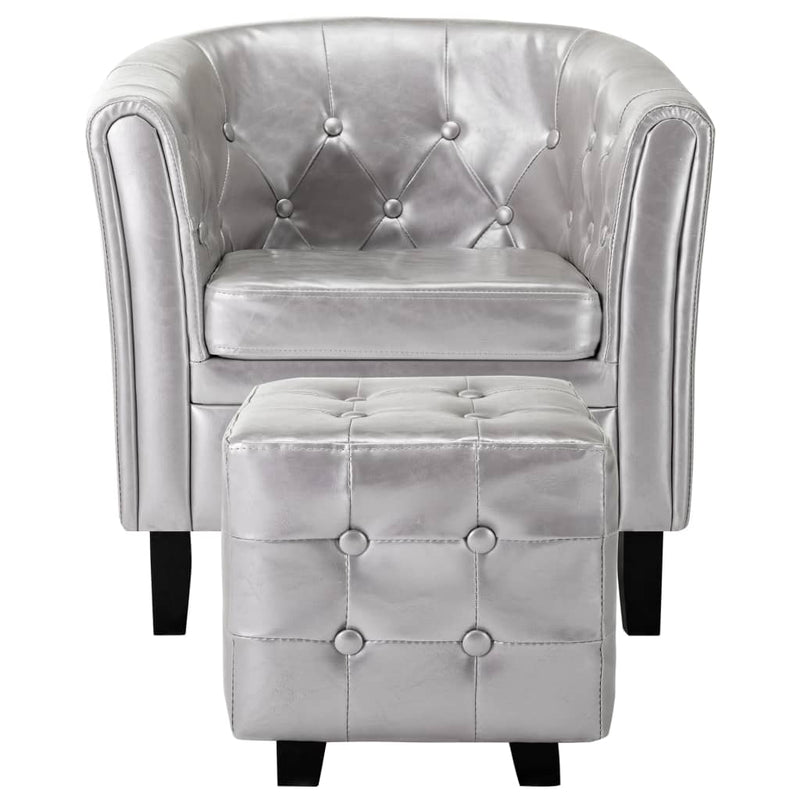 vidaXL Tub Chair with Footstool Silver Faux Leather