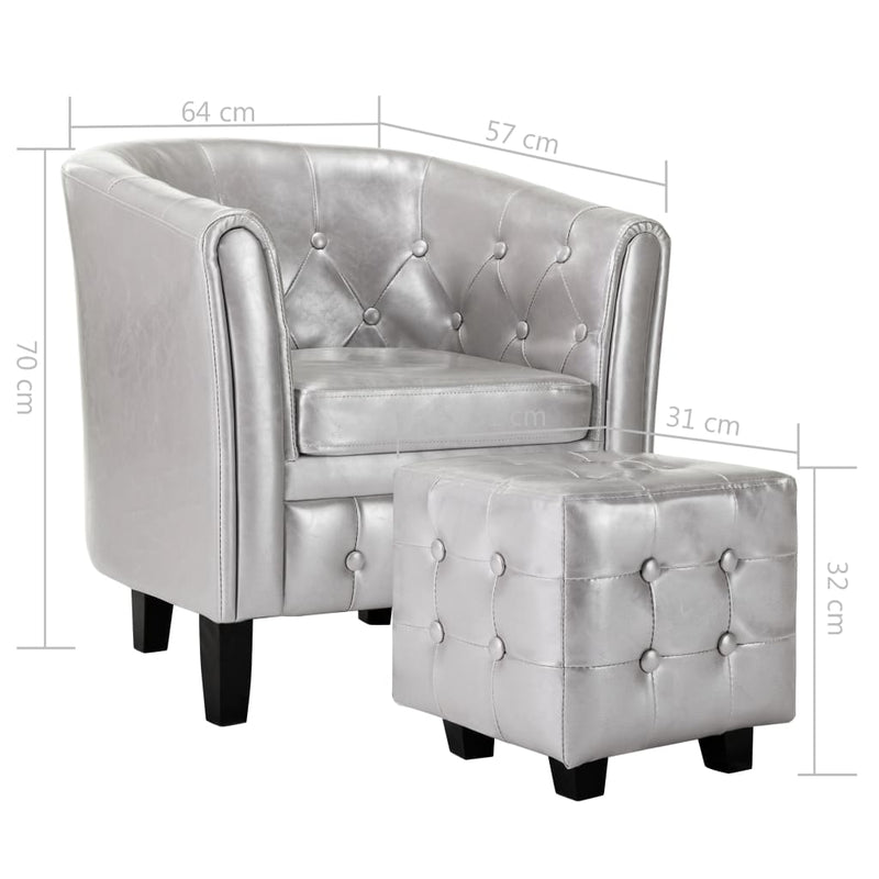 vidaXL Tub Chair with Footstool Silver Faux Leather