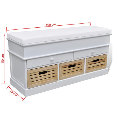 White Storage & Entryway Bench with Cushion Top 2 Draw 3 Crate