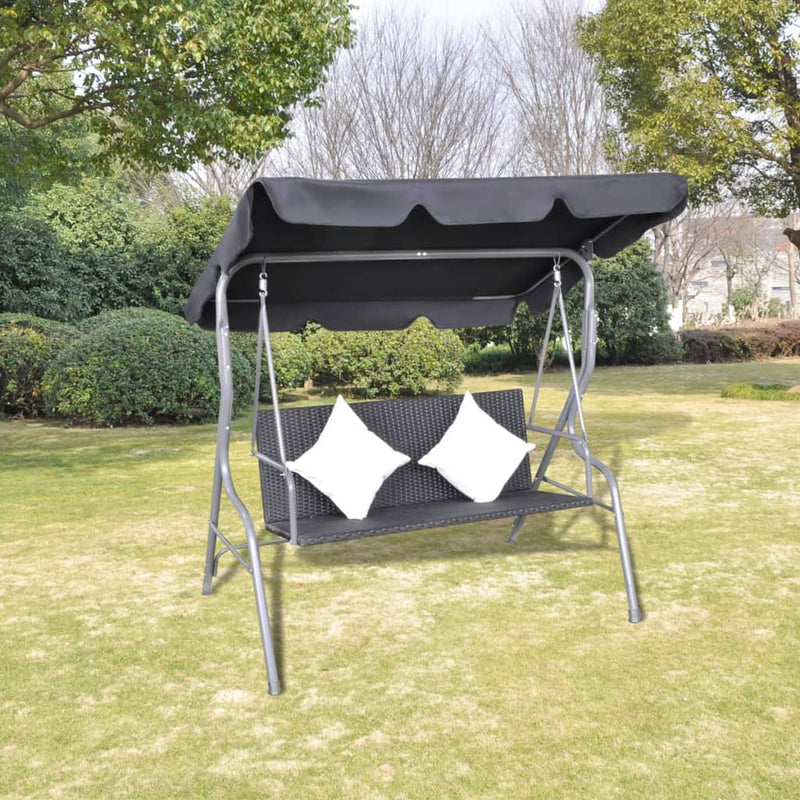 vidaXL Outdoor Hanging Rattan Swing Bench with a Canopy Black