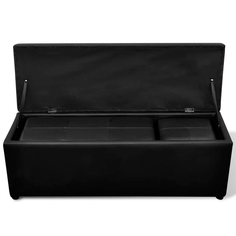 Black Artificial Leather Storage Bench Set Footrest 3 pcs